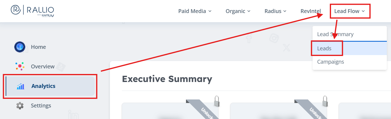 EverConnect Portal navigation showing Analytics, Lead Flow, and Leads