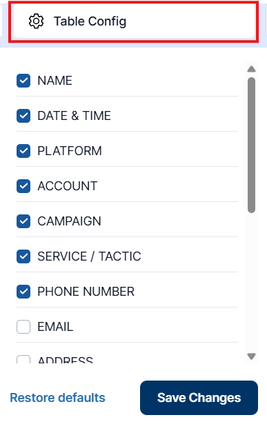 Table Config panel with column checkboxes