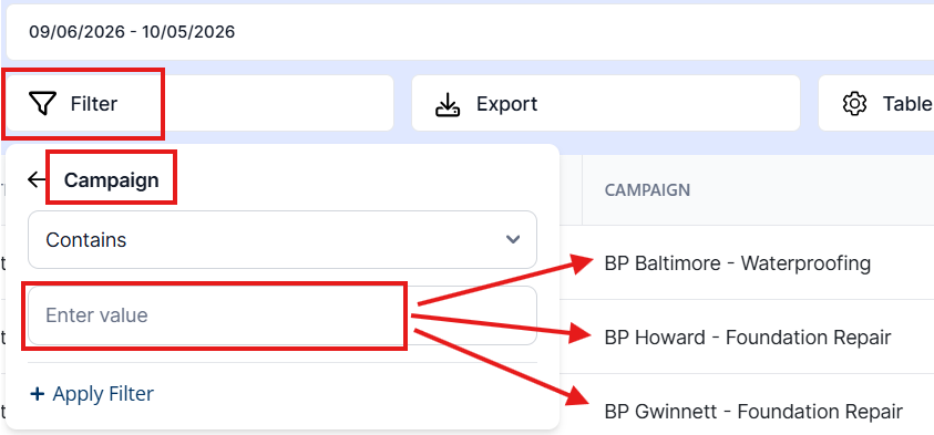 Campaign filter showing BP Baltimore - Waterproofing