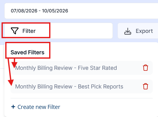 Saved Filters menu under the Filter button